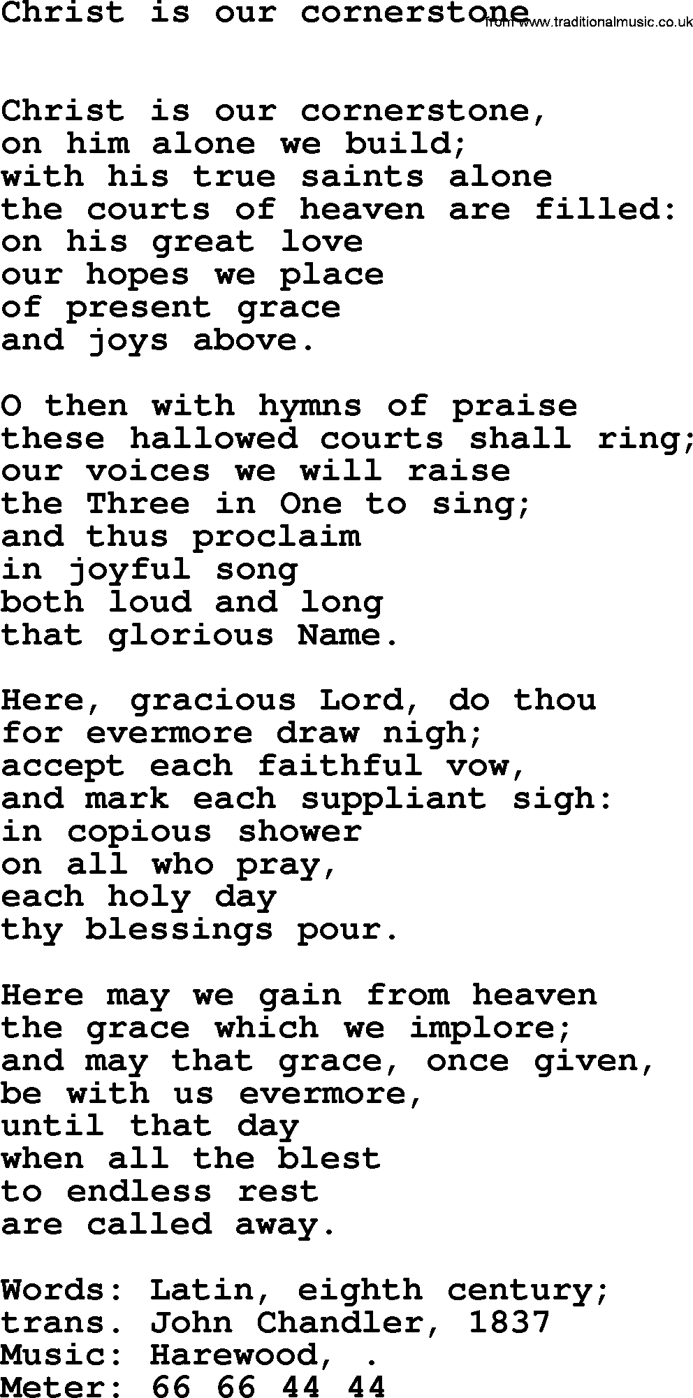 Book of Common Praise Hymn: Christ Is Our Cornerstone.txt lyrics with midi music