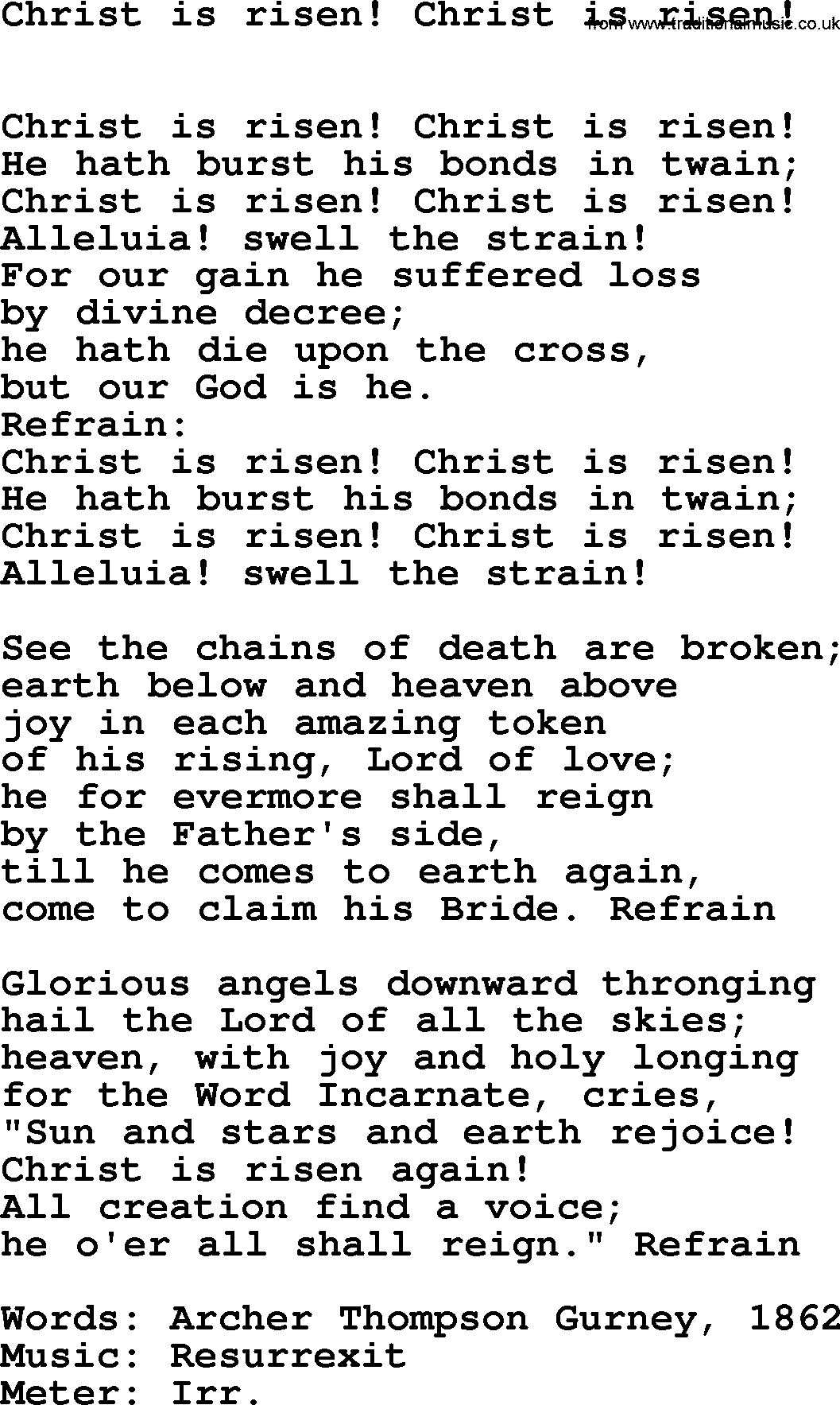 Book of Common Praise Hymn: Christ Is Risen! Christ Is Risen!.txt lyrics with midi music
