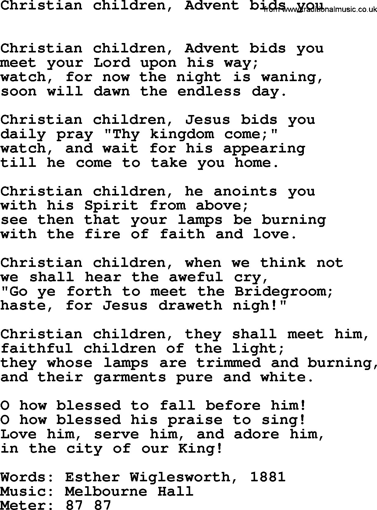 Book of Common Praise Hymn: Christian Children, Advent Bids You.txt lyrics with midi music