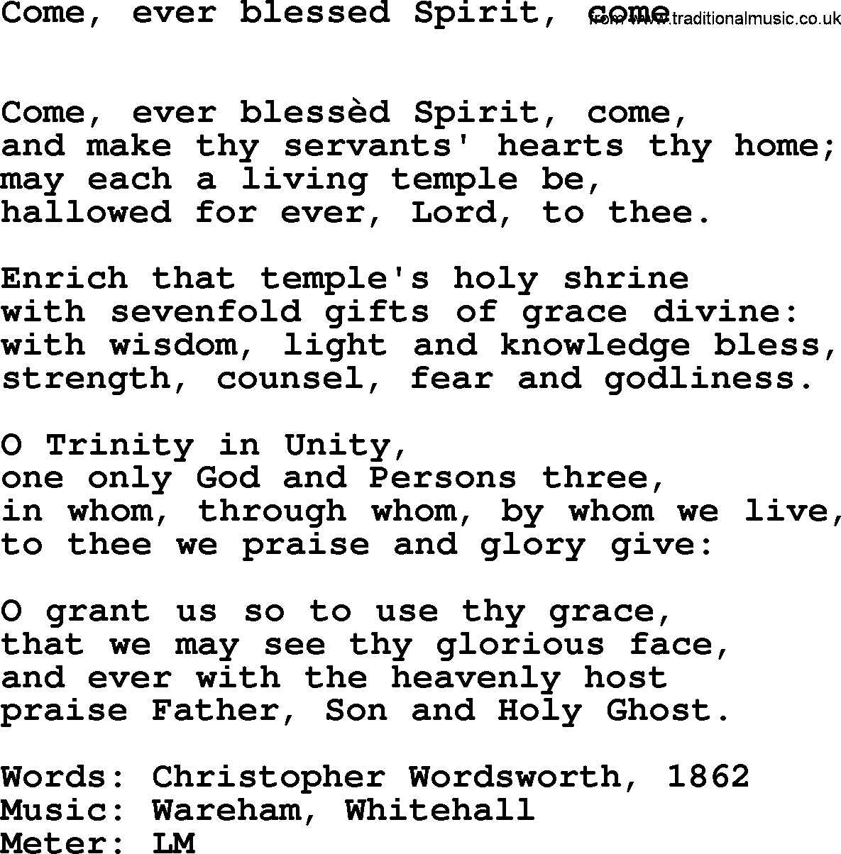 Book of Common Praise Hymn: Come, Ever Blessed Spirit, Come.txt lyrics with midi music