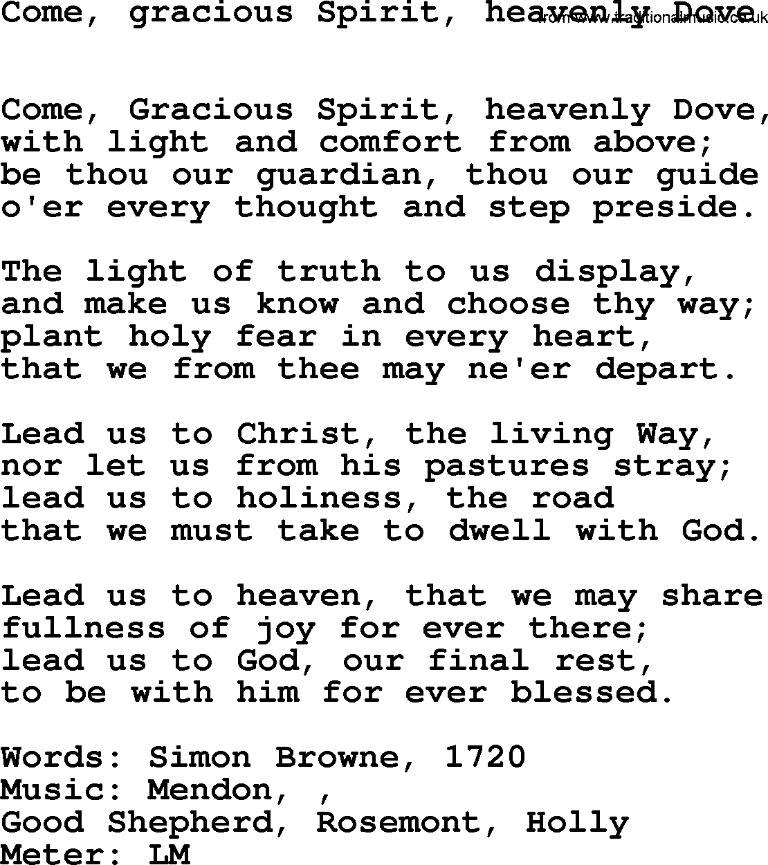 Book of Common Praise Hymn: Come, Gracious Spirit, Heavenly Dove.txt lyrics with midi music
