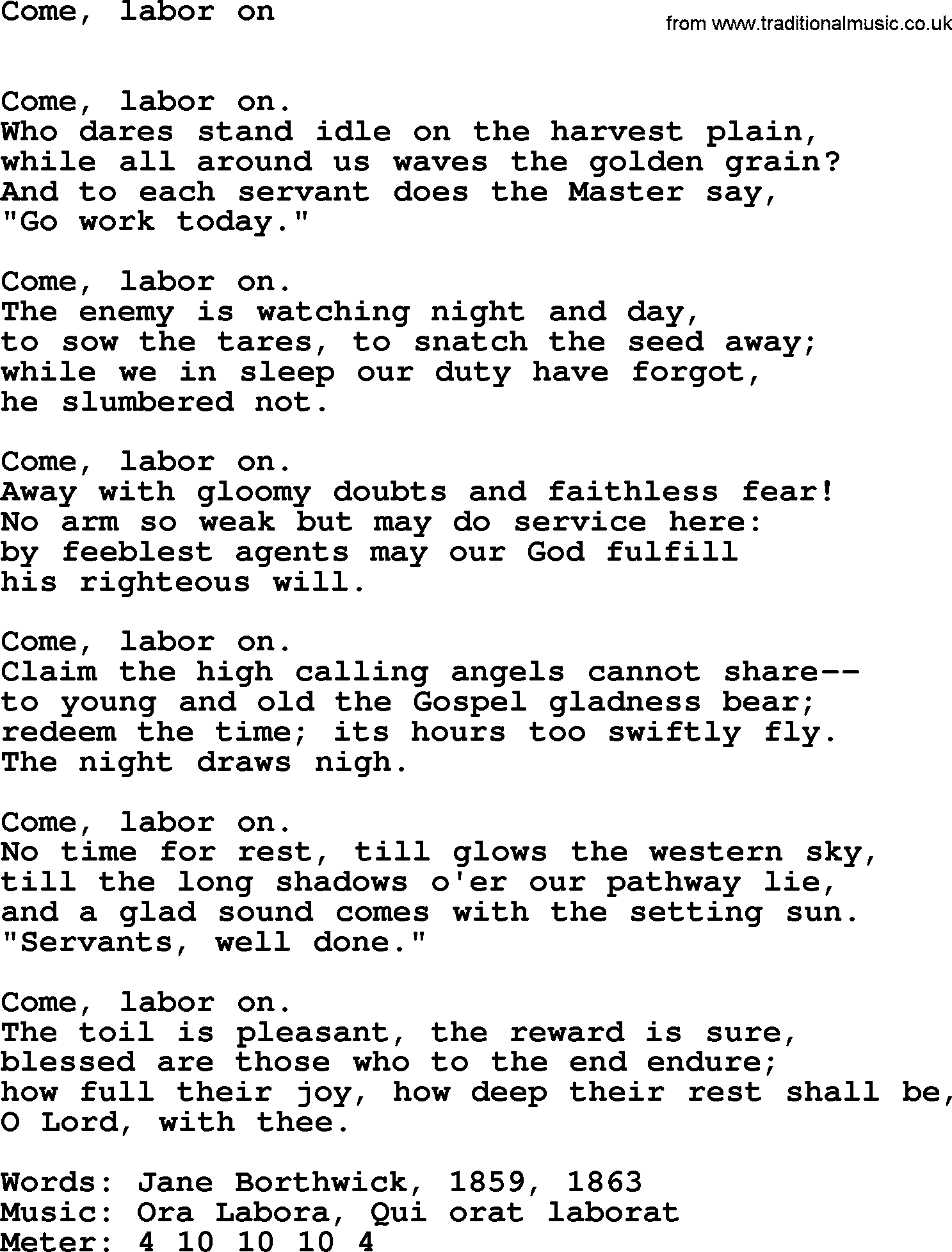 Book of Common Praise Hymn: Come, Labor On.txt lyrics with midi music