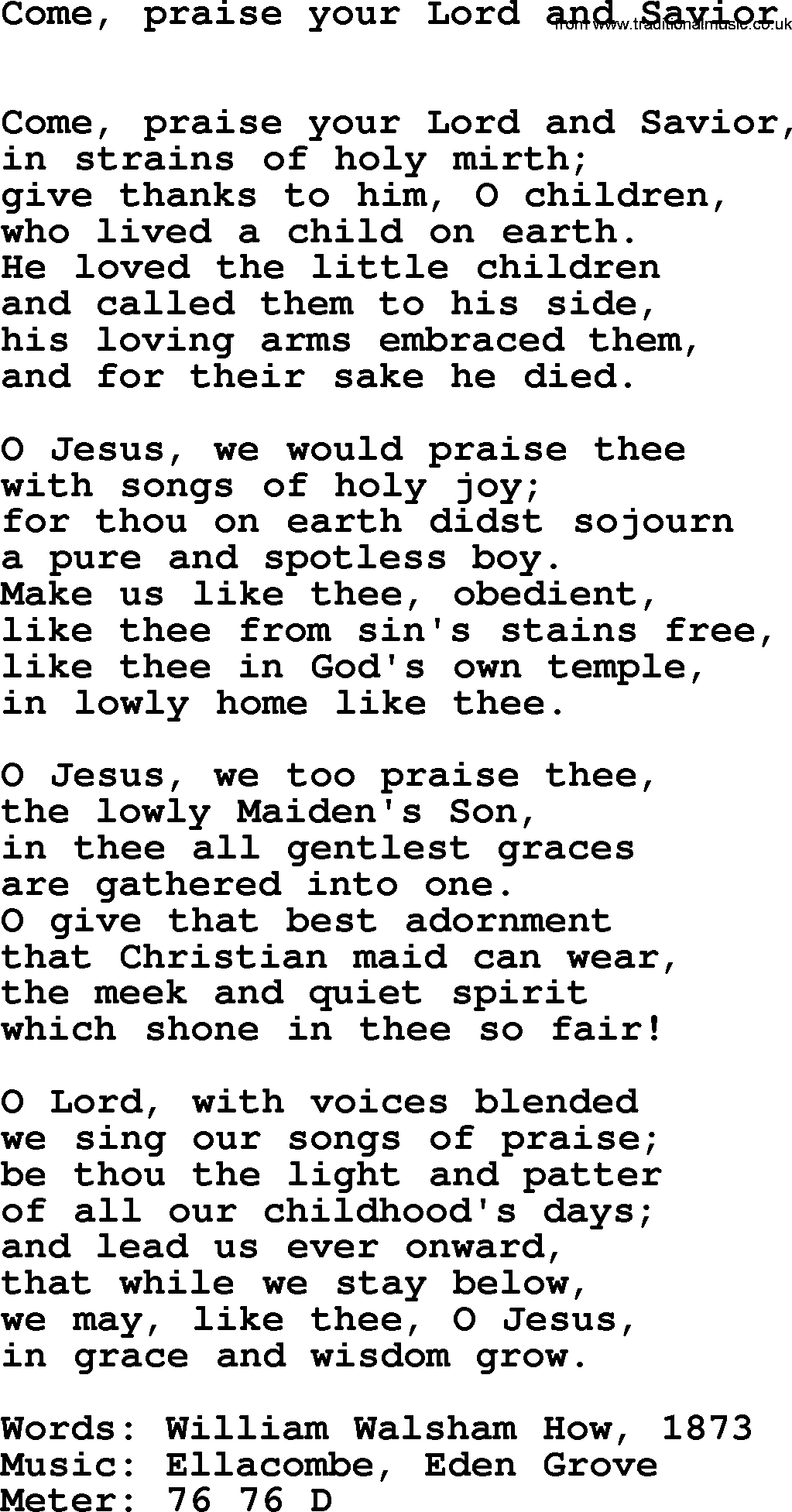 Book of Common Praise Hymn: Come, Praise Your Lord And Savior.txt lyrics with midi music