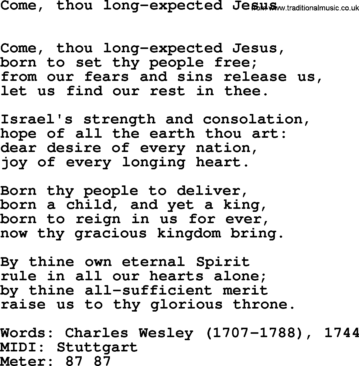 Book of Common Praise Hymn: Come, Thou Long-Expected Jesus.txt lyrics with midi music