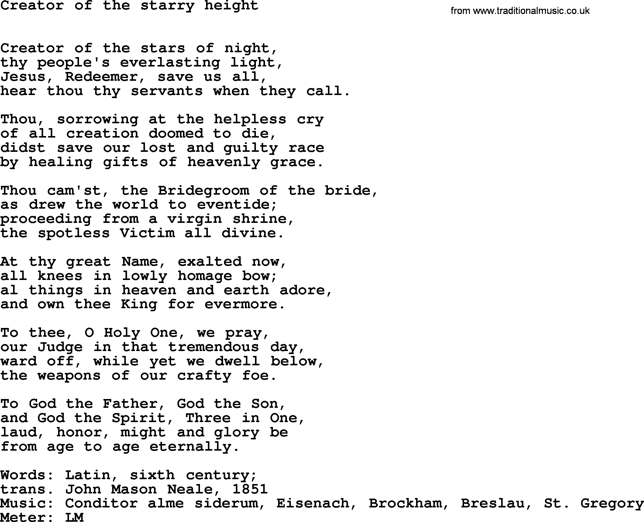 Book of Common Praise Hymn: Creator Of The Starry Height.txt lyrics with midi music