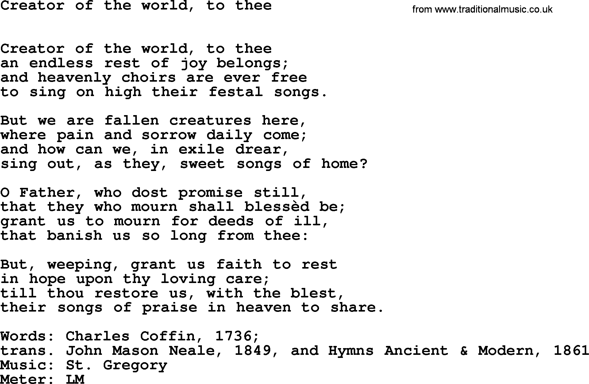 Book of Common Praise Hymn: Creator Of The World, To Thee.txt lyrics with midi music