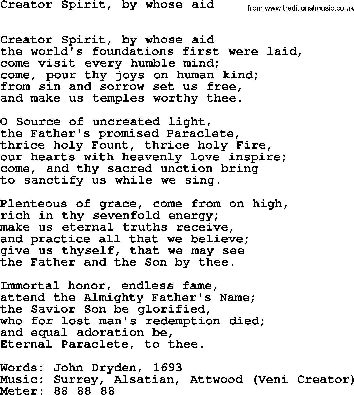 Book of Common Praise Hymn: Creator Spirit, By Whose Aid.txt lyrics with midi music