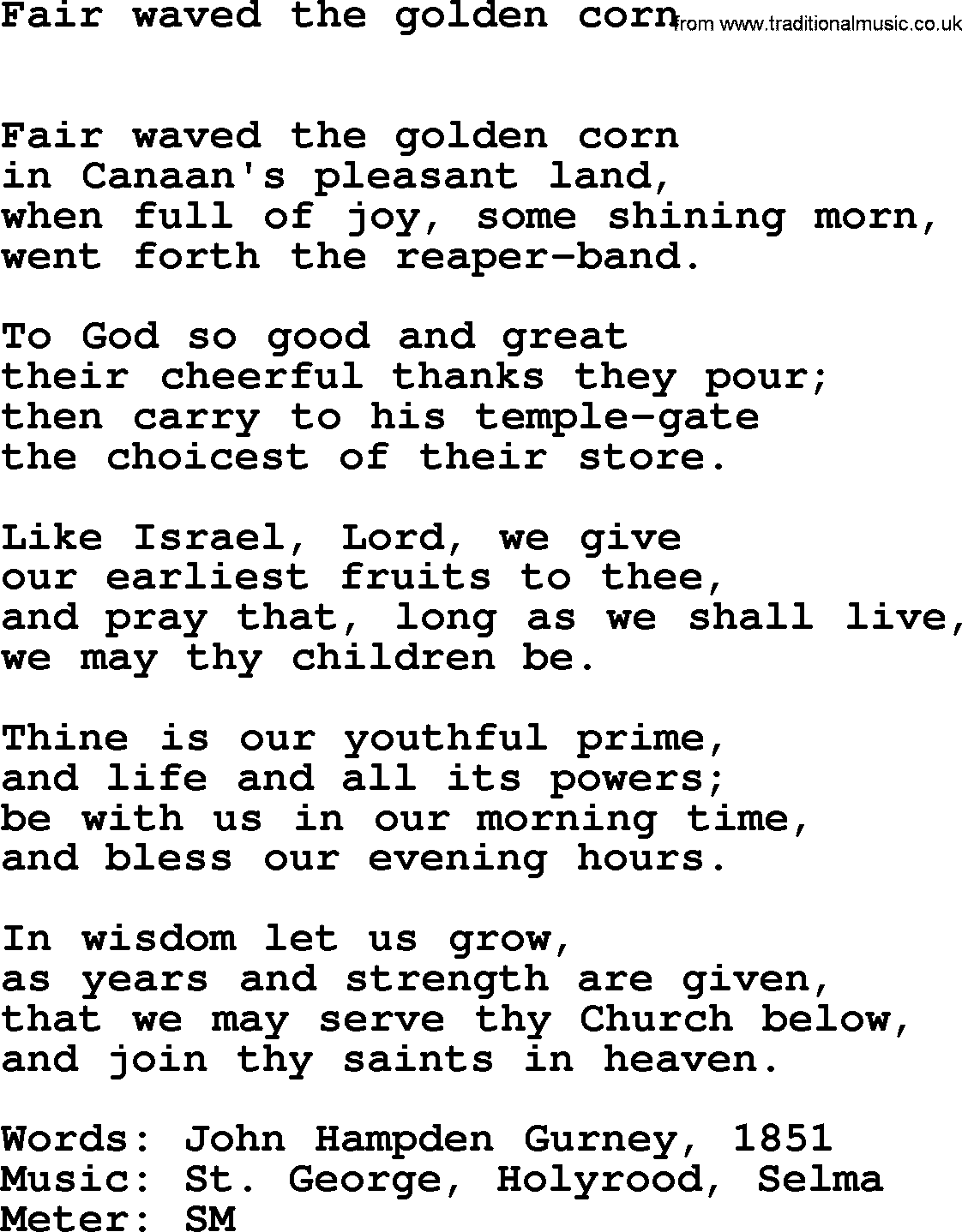 Book of Common Praise Hymn: Fair Waved The Golden Corn.txt lyrics with midi music