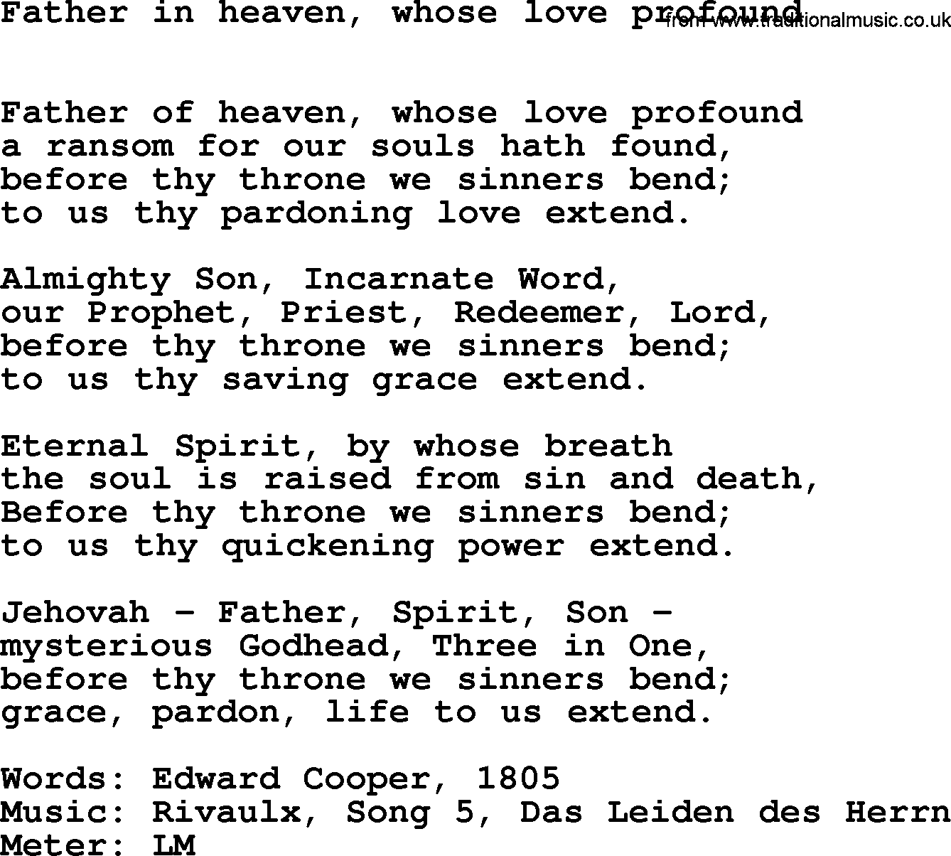 Book of Common Praise Hymn: Father In Heaven, Whose Love Profound.txt lyrics with midi music