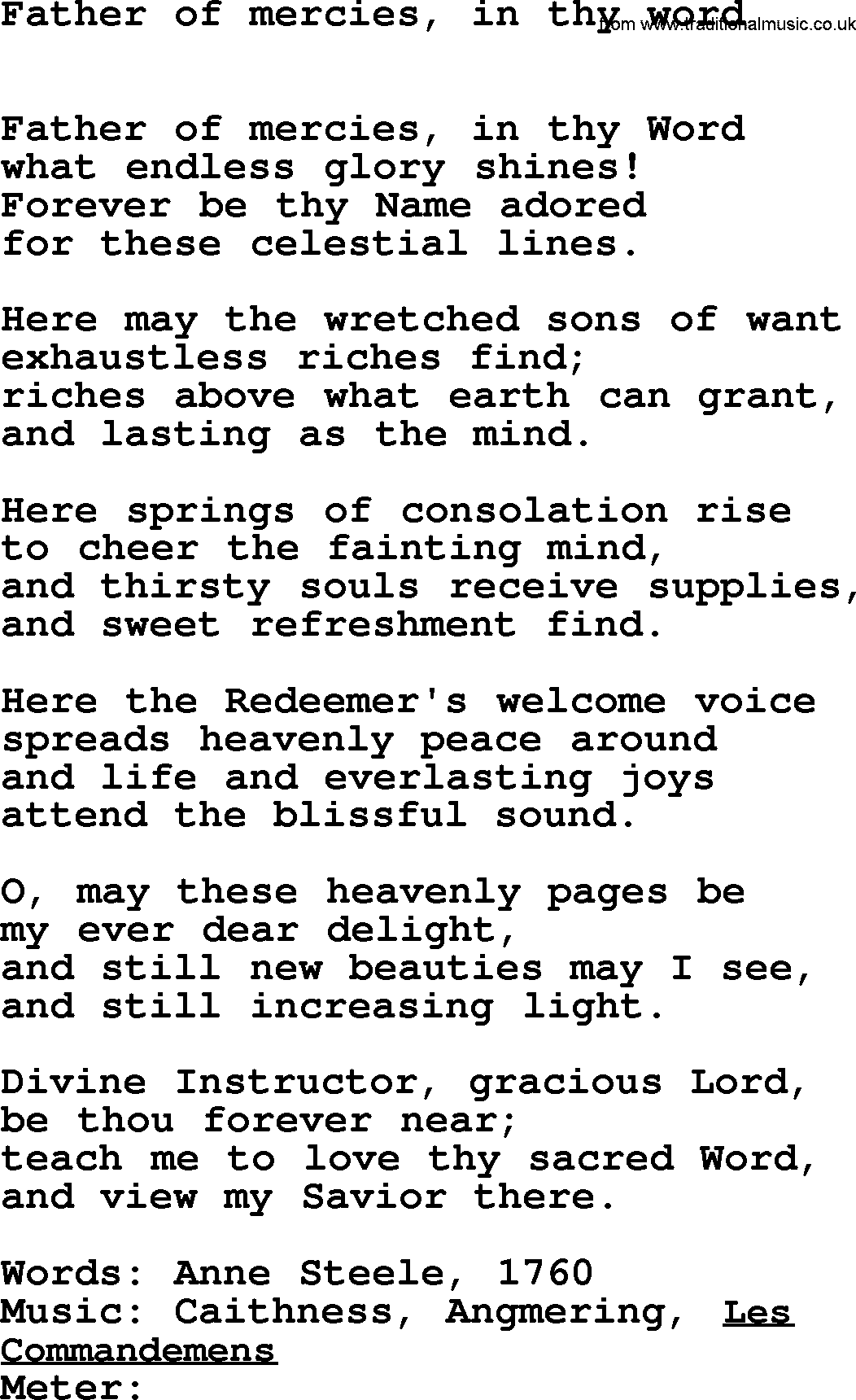 Book of Common Praise Hymn: Father Of Mercies, In Thy Word.txt lyrics with midi music