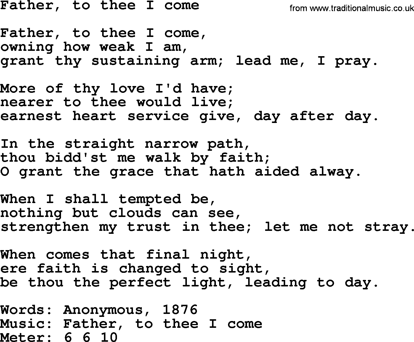 Book of Common Praise Hymn: Father, To Thee I Come.txt lyrics with midi music