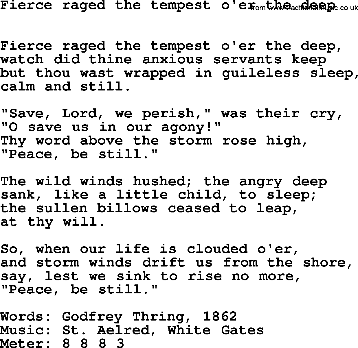 Book of Common Praise Hymn: Fierce Raged The Tempest O'er The Deep.txt lyrics with midi music