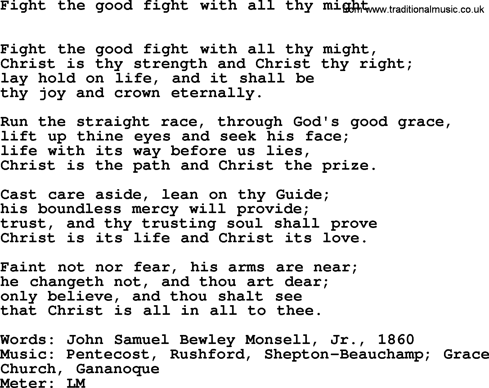 Book of Common Praise Hymn: Fight The Good Fight With All Thy Might.txt lyrics with midi music