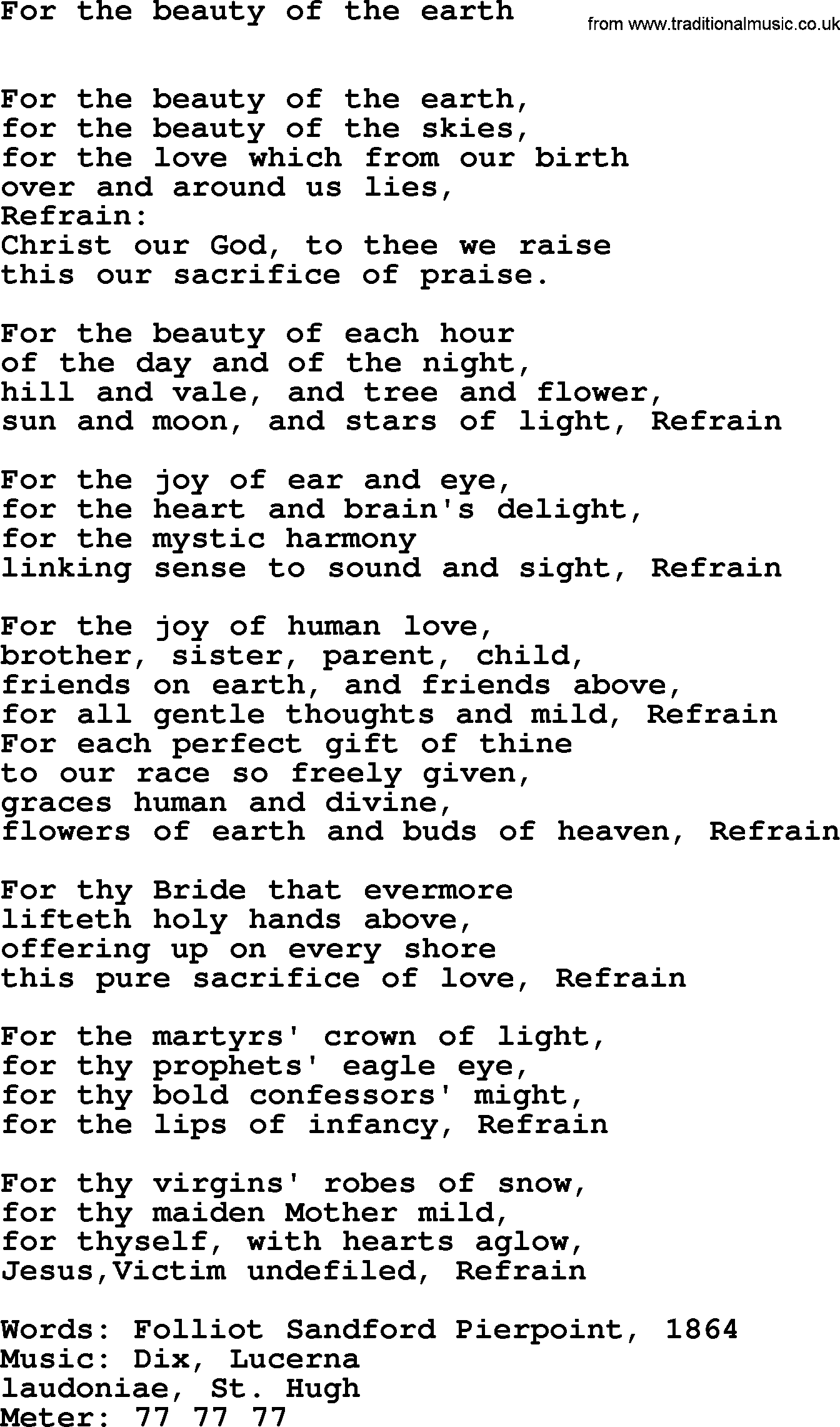 Book of Common Praise Hymn: For The Beauty Of The Earth.txt lyrics with midi music
