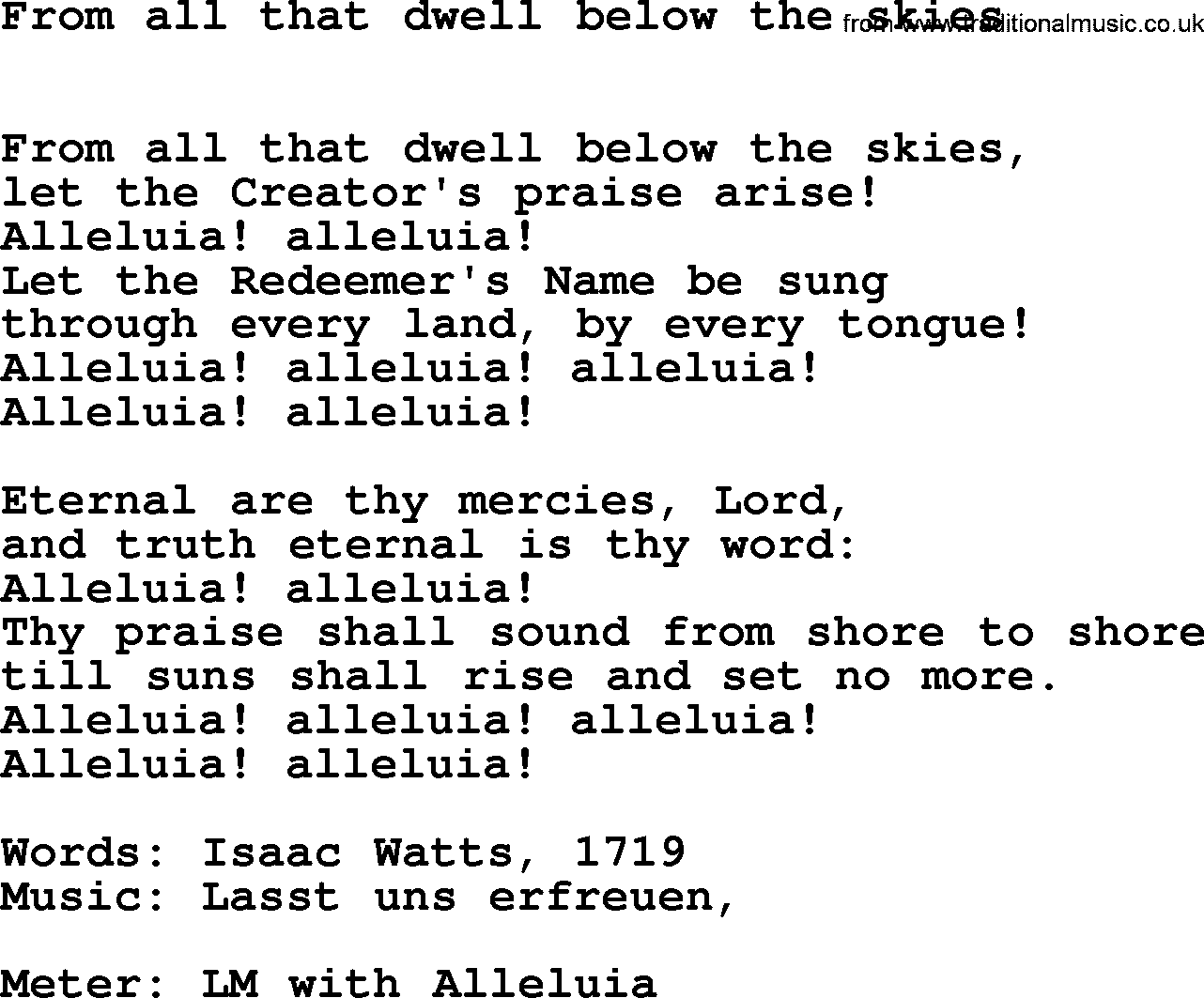 Book of Common Praise Hymn: From All That Dwell Below The Skies.txt lyrics with midi music