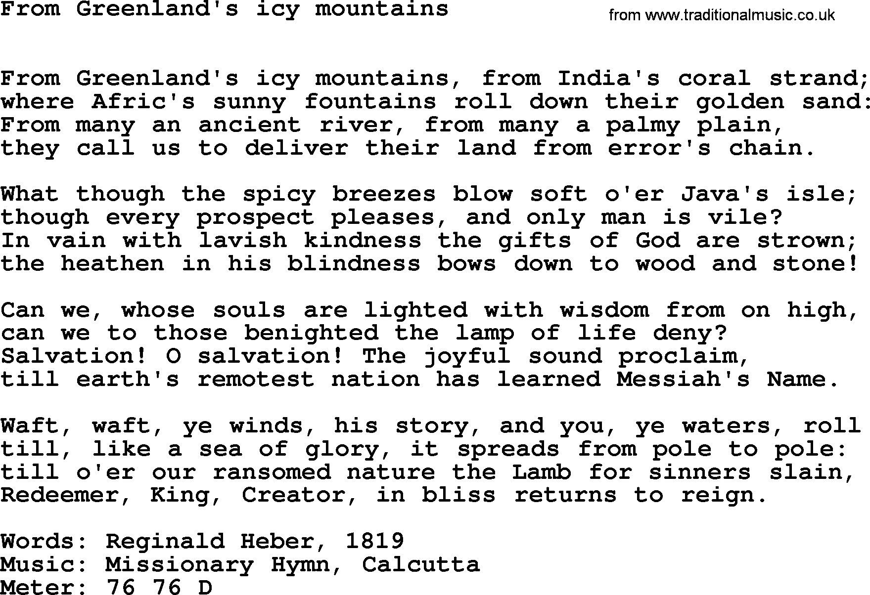 Book of Common Praise Hymn: From Greenland's Icy Mountains.txt lyrics with midi music