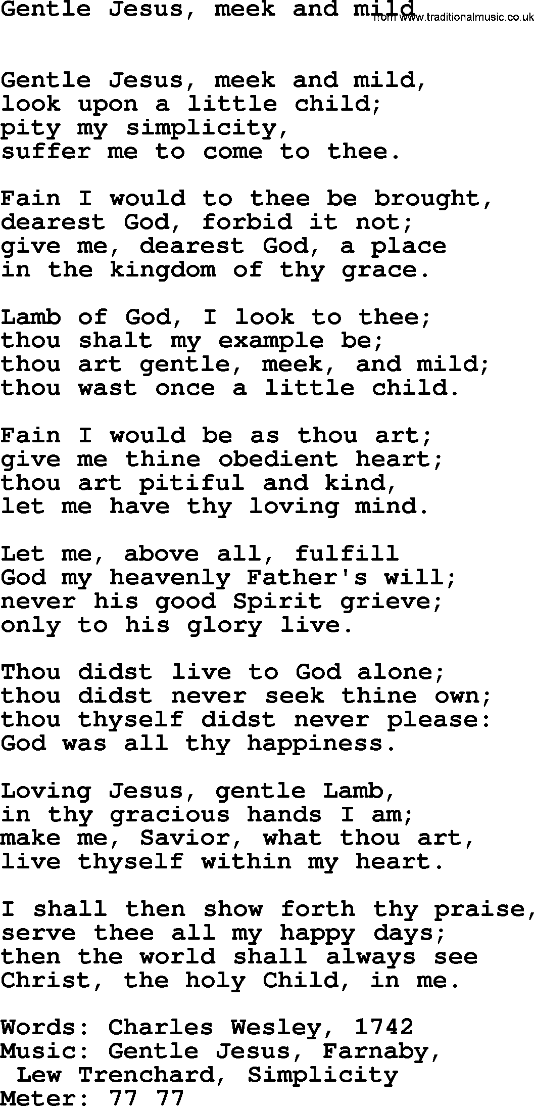 Book of Common Praise Hymn: Gentle Jesus, Meek And Mild.txt lyrics with midi music
