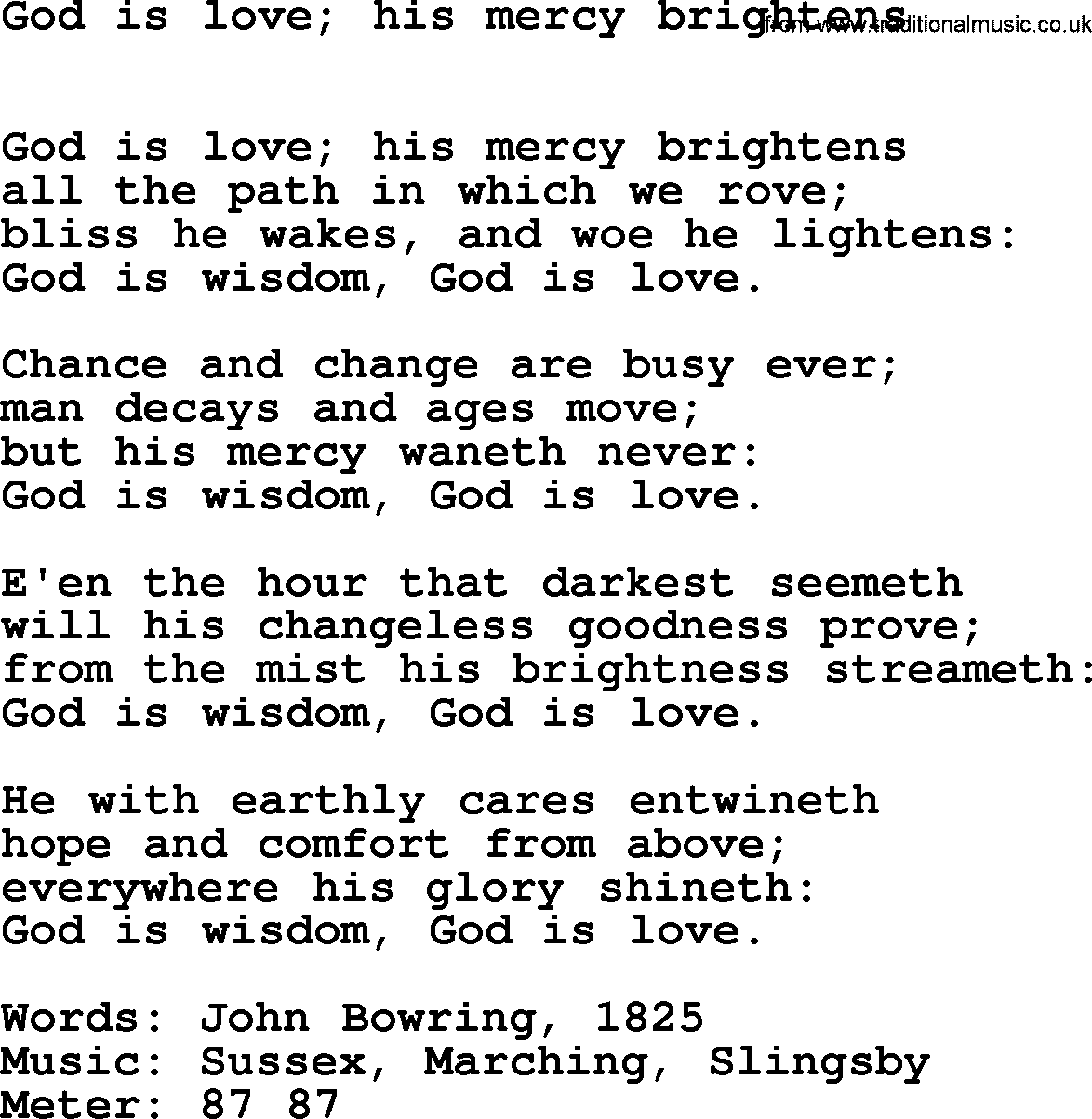 Book of Common Praise Hymn: God Is Love; His Mercy Brightens.txt lyrics with midi music