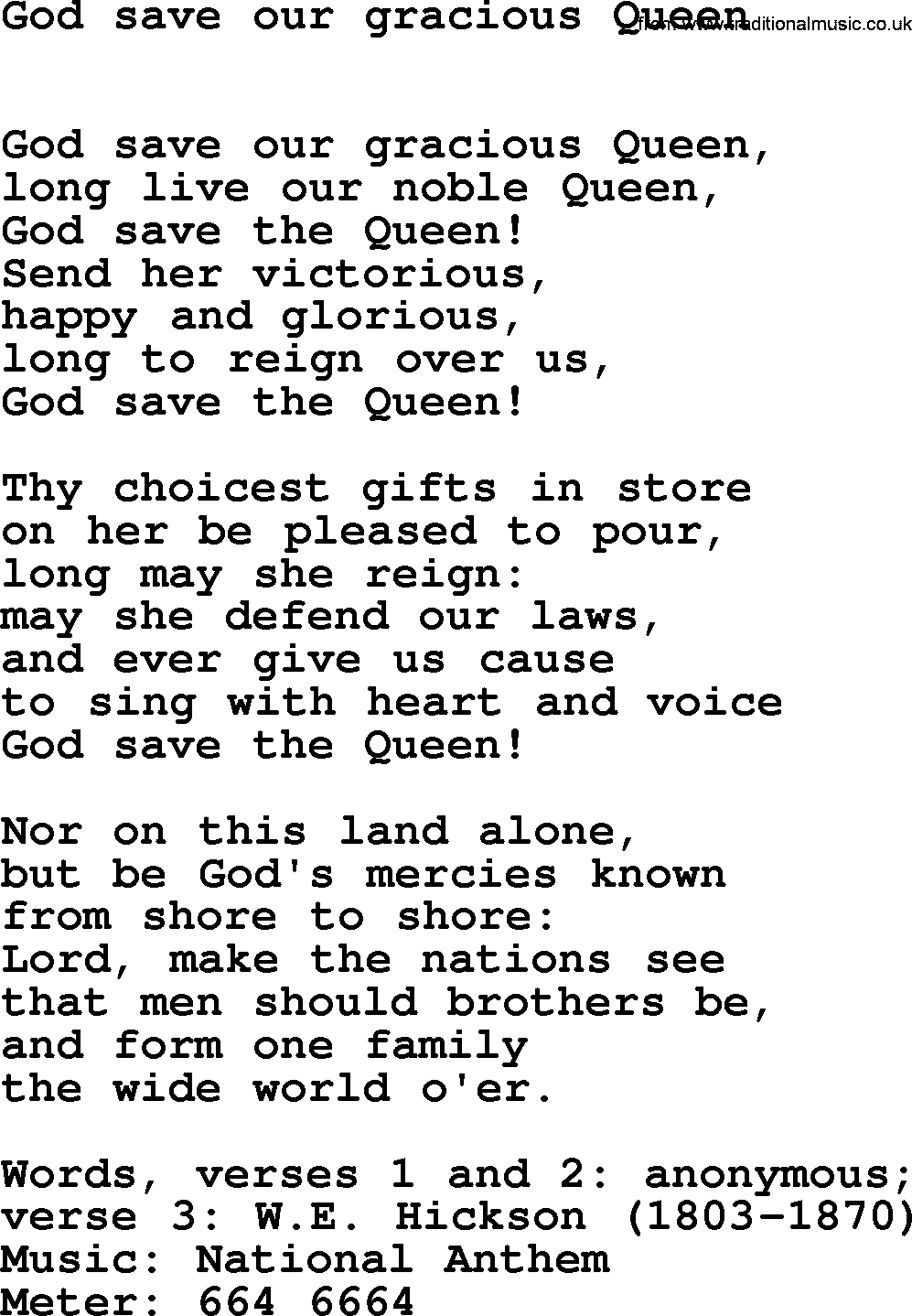 Book of Common Praise Hymn: God Save Our Gracious Queen.txt lyrics with midi music
