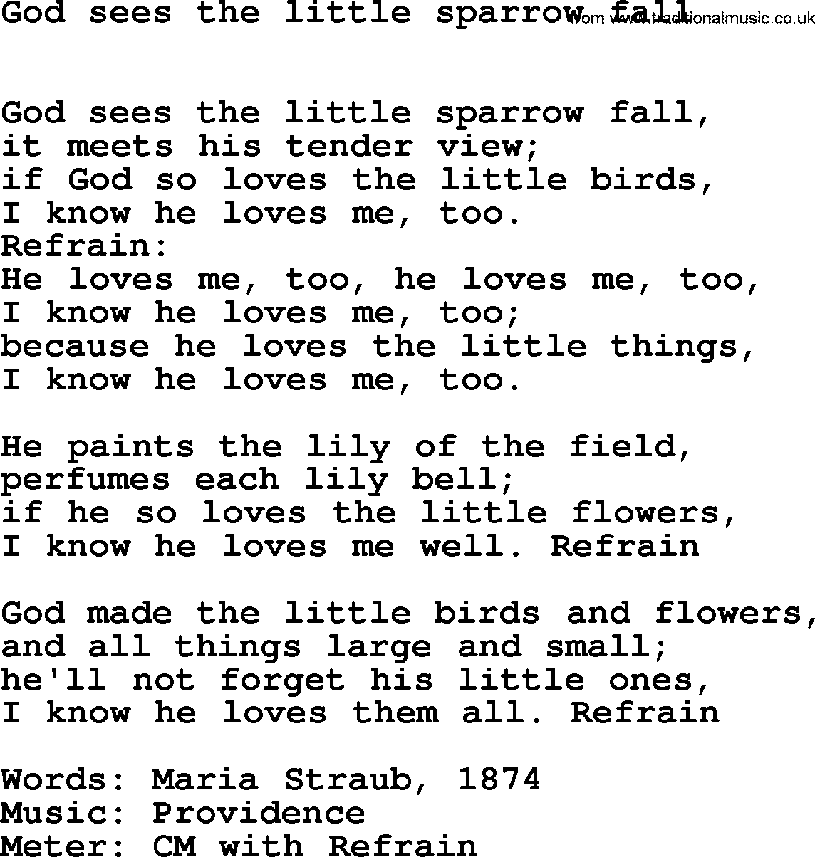 Book of Common Praise Hymn: God Sees The Little Sparrow Fall.txt lyrics with midi music