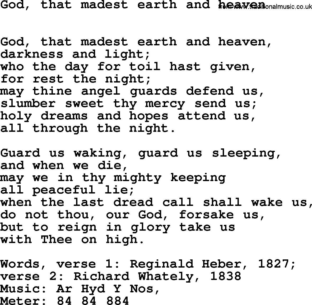 Book of Common Praise Hymn: God, That Madest Earth And Heaven.txt lyrics with midi music