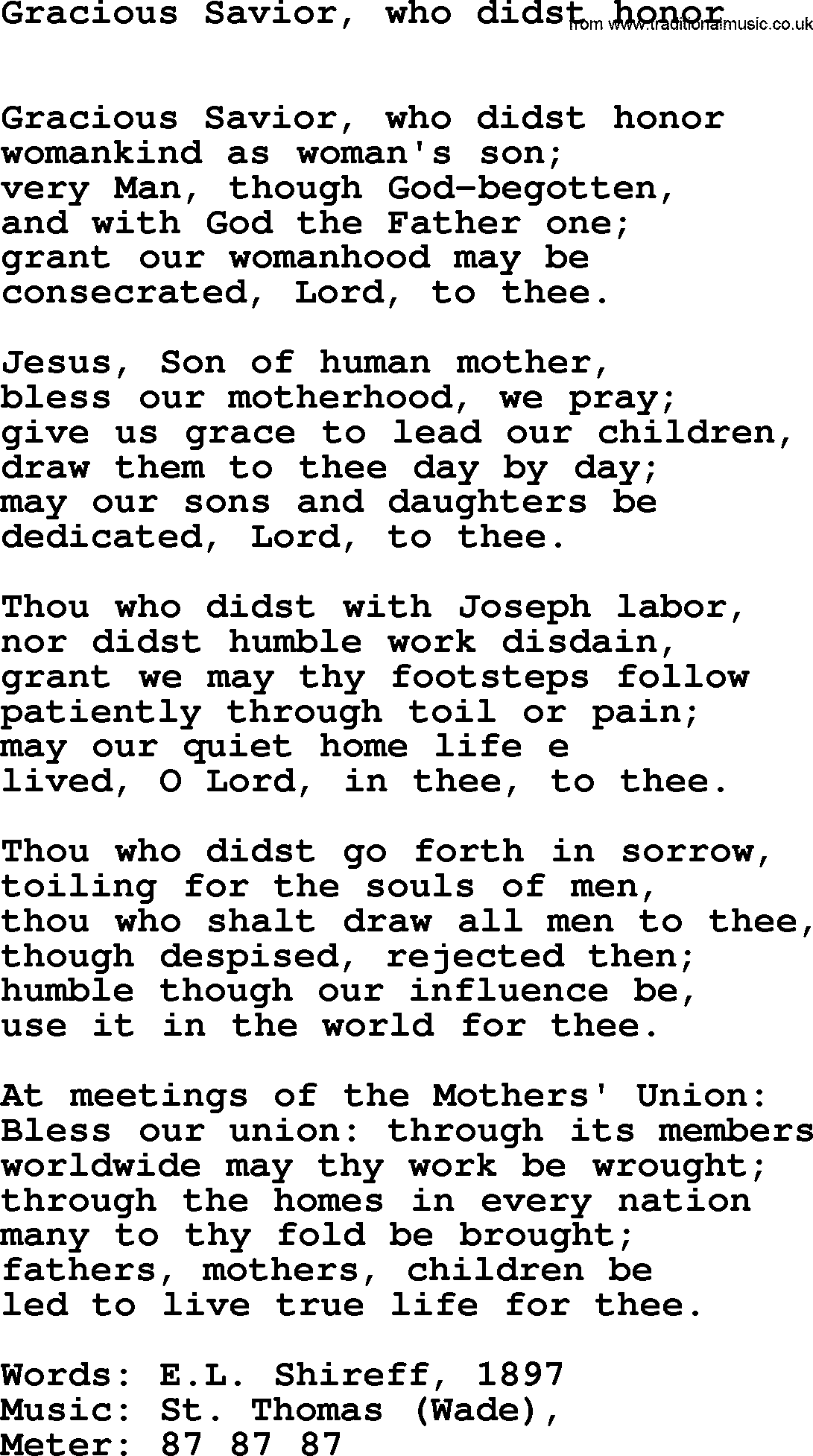 Book of Common Praise Hymn: Gracious Savior, Who Didst Honor.txt lyrics with midi music