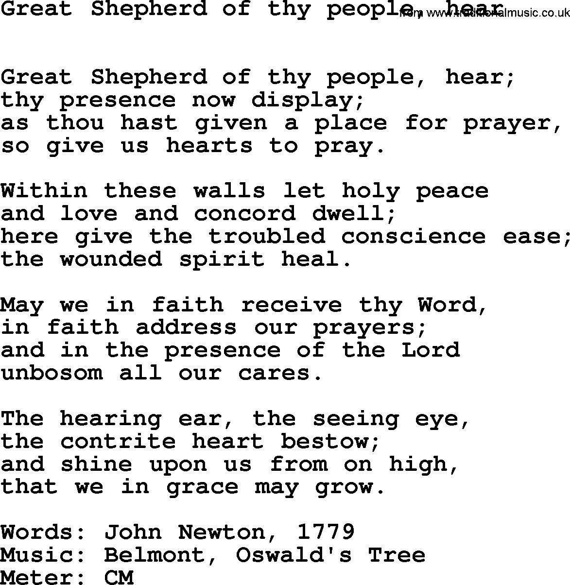 Book of Common Praise Hymn: Great Shepherd Of Thy People, Hear.txt lyrics with midi music