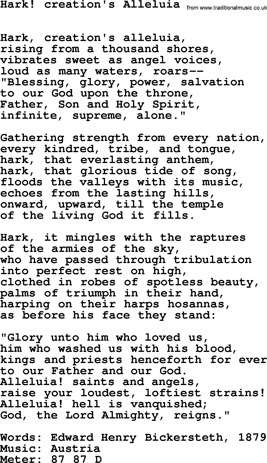 Book of Common Praise Hymn: Hark! Creation's Alleluia.txt lyrics with midi music