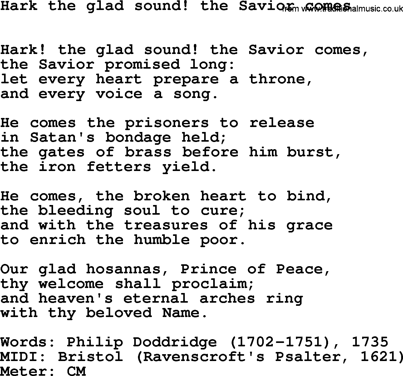Book of Common Praise Hymn: Hark The Glad Sound! The Savior Comes.txt lyrics with midi music