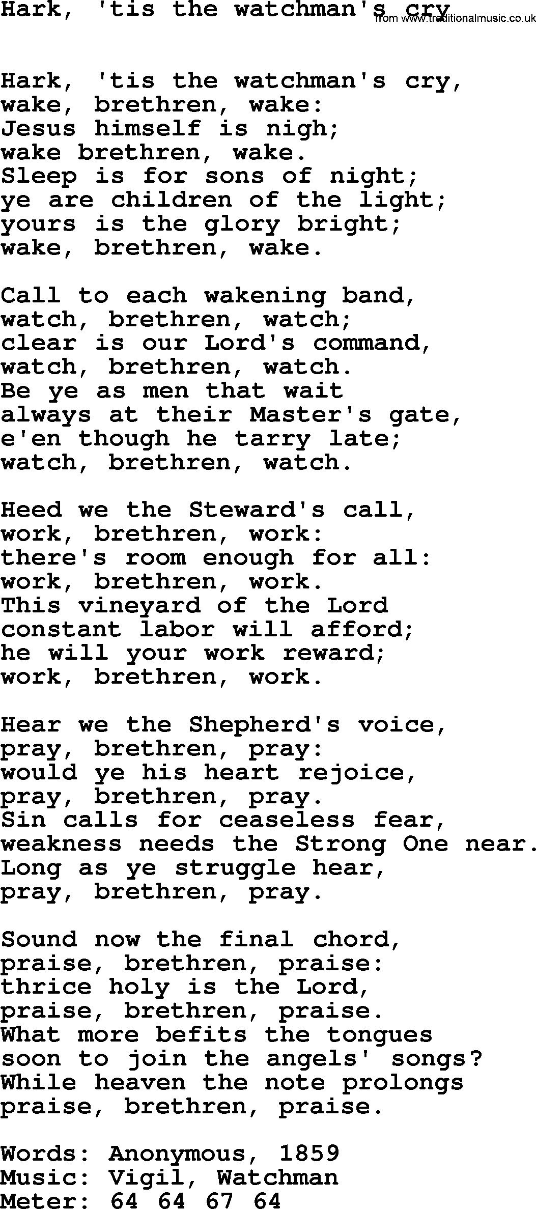 Book of Common Praise Hymn: Hark, 'tis The Watchman's Cry.txt lyrics with midi music