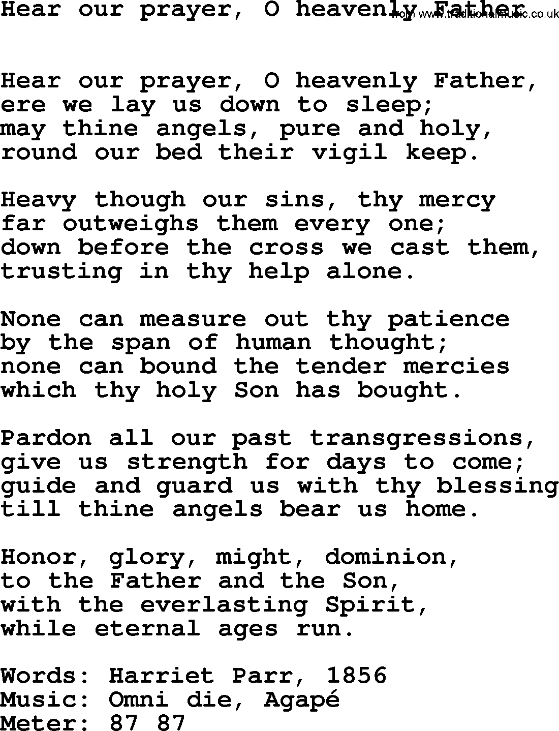 Book of Common Praise Hymn: Hear Our Prayer, O Heavenly Father.txt lyrics with midi music