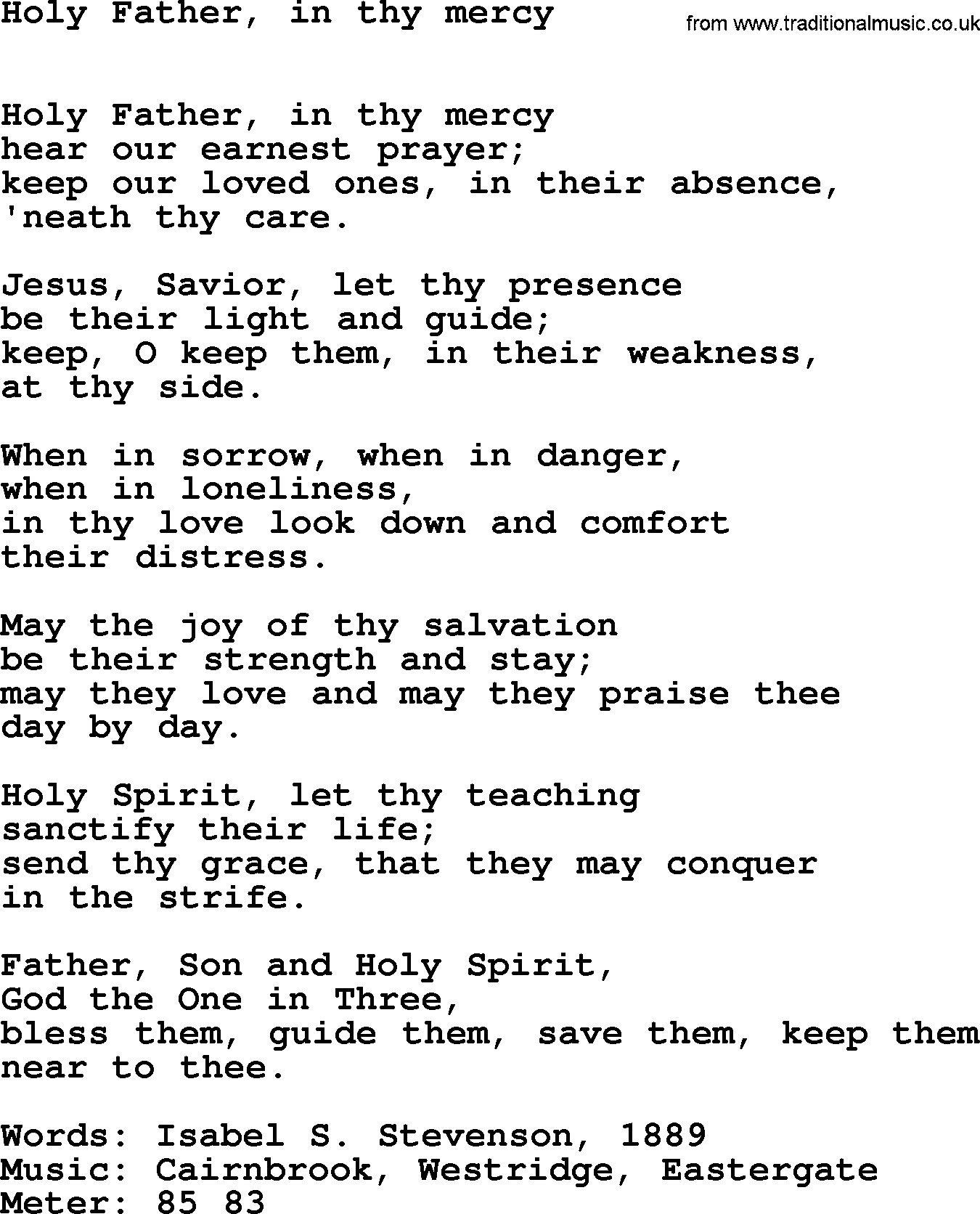 Book of Common Praise Hymn: Holy Father, In Thy Mercy.txt lyrics with midi music