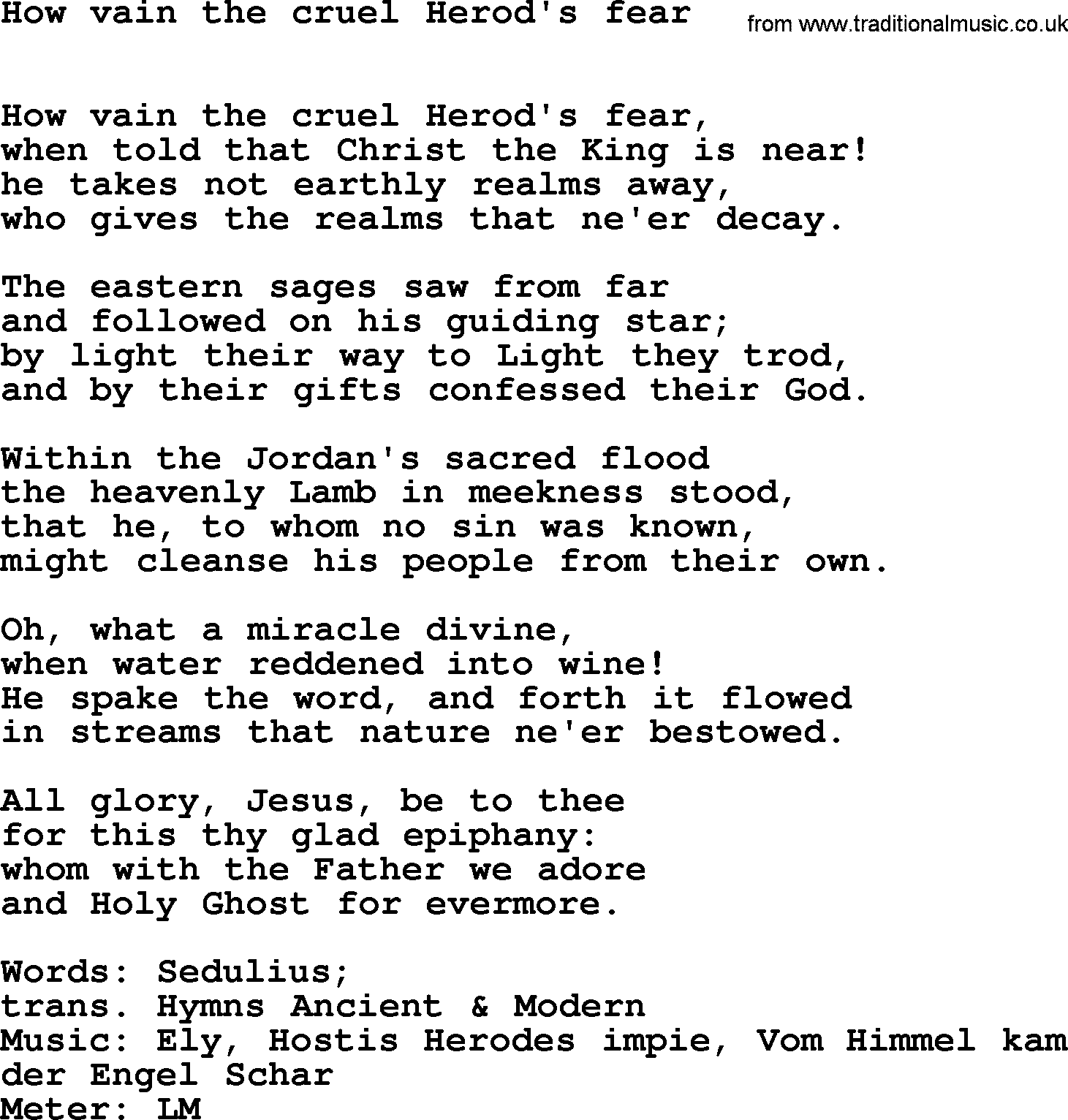 Book of Common Praise Hymn: How Vain The Cruel Herod's Fear.txt lyrics with midi music