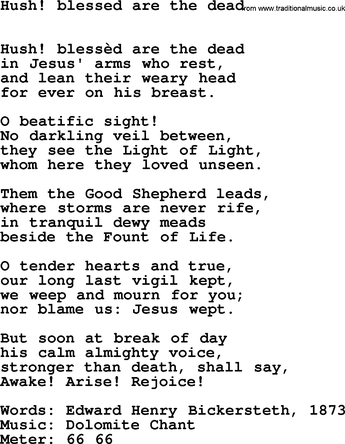 Book of Common Praise Hymn: Hush! Blessed Are The Dead.txt lyrics with midi music