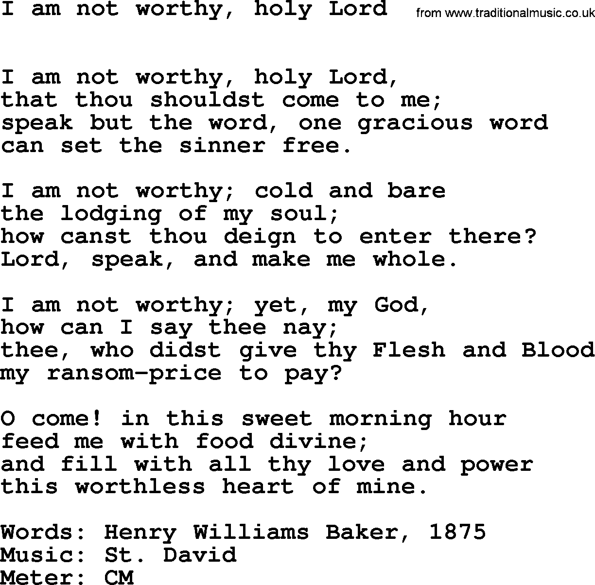 Book of Common Praise Hymn: I Am Not Worthy, Holy Lord.txt lyrics with midi music