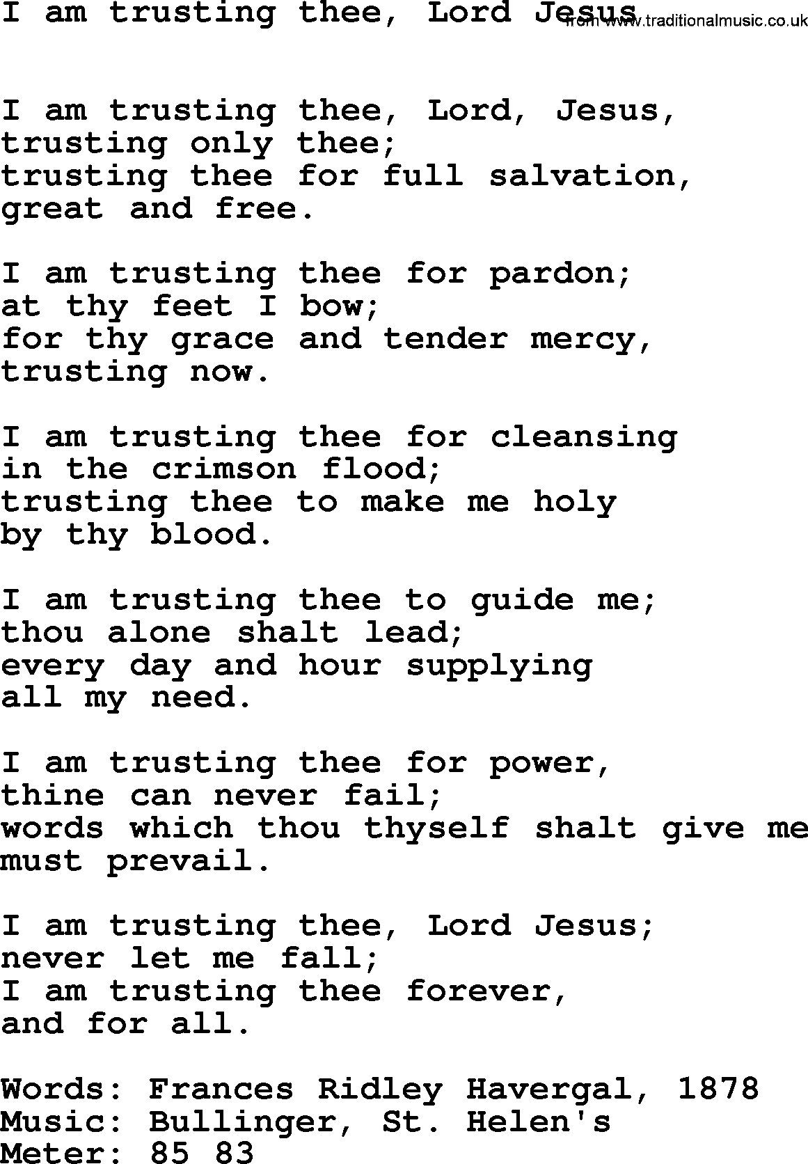Book of Common Praise Hymn: I Am Trusting Thee, Lord Jesus.txt lyrics with midi music