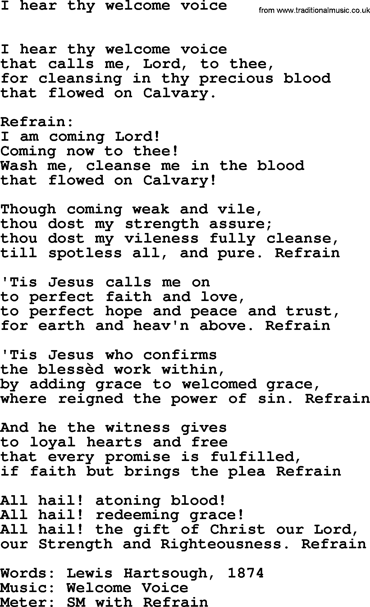 Book of Common Praise Hymn: I Hear Thy Welcome Voice.txt lyrics with midi music