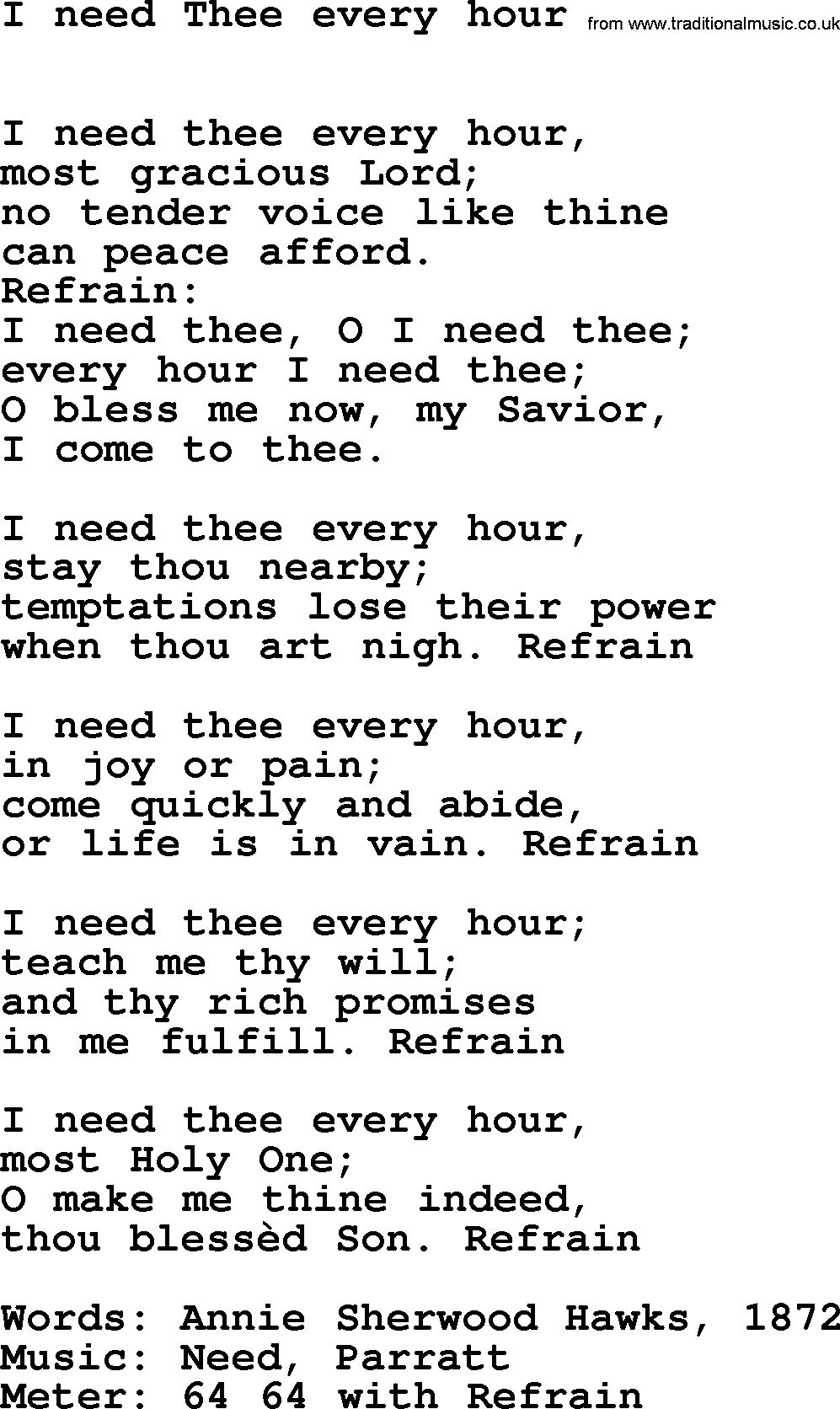 Book of Common Praise Hymn: I Need Thee Every Hour.txt lyrics with midi music