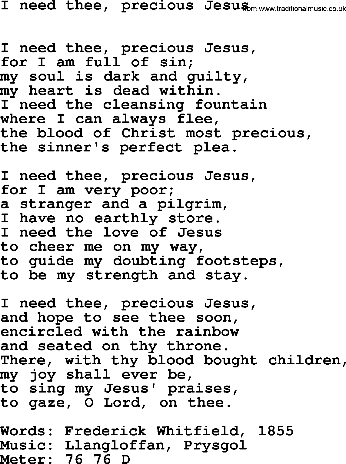 Book of Common Praise Hymn: I Need Thee, Precious Jesus.txt lyrics with midi music