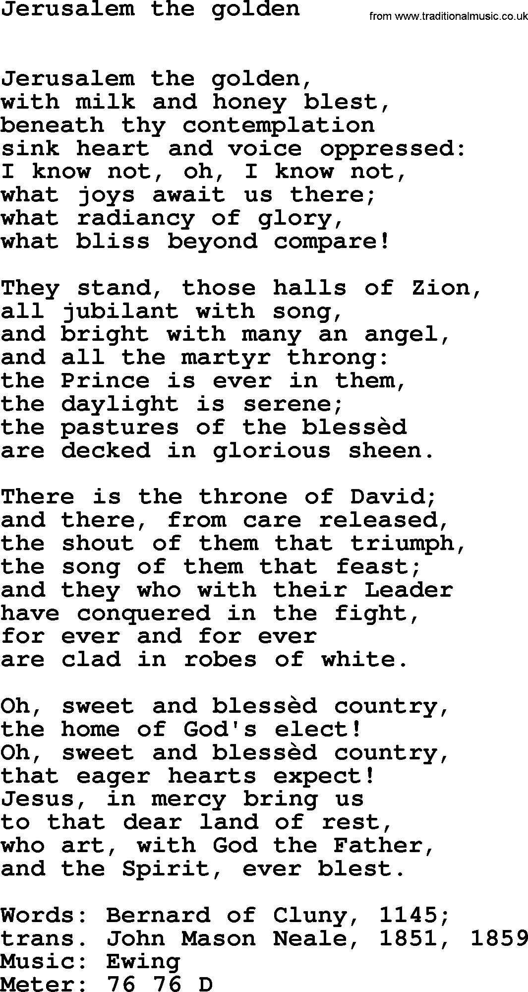 Book of Common Praise Hymn: Jerusalem The Golden.txt lyrics with midi music