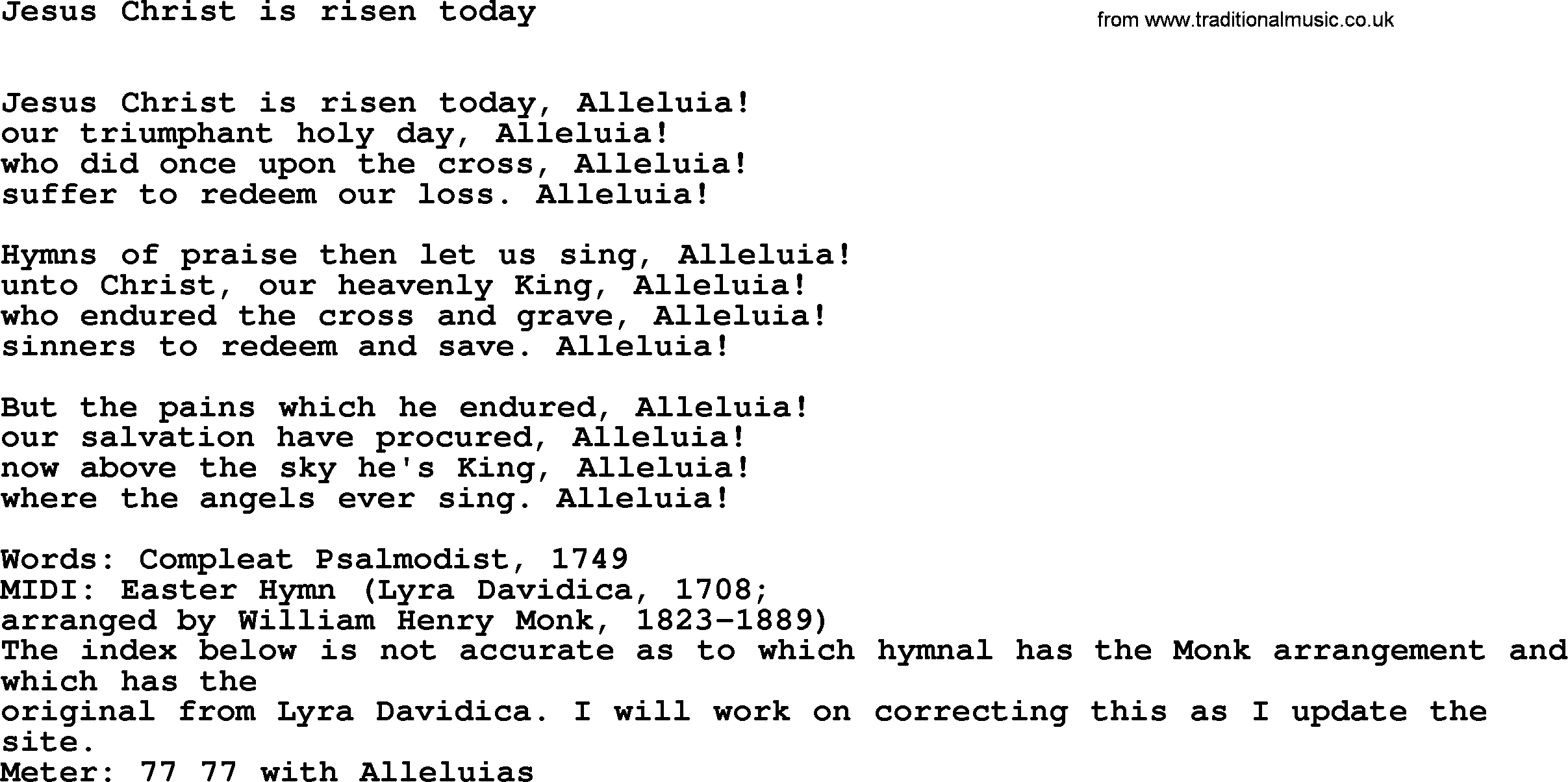 Book of Common Praise Hymn: Jesus Christ Is Risen Today.txt lyrics with midi music