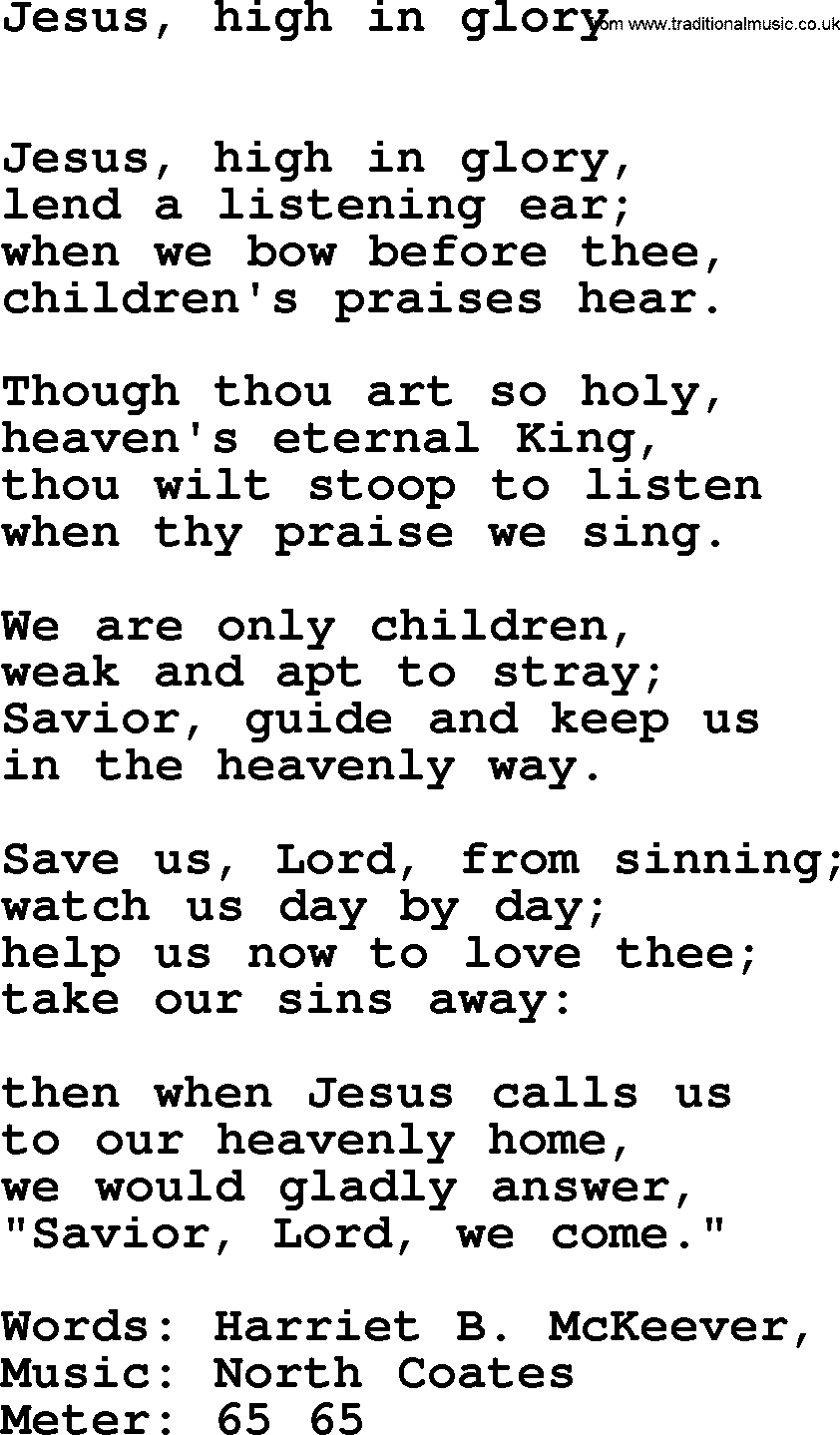 Book of Common Praise Hymn: Jesus, High In Glory.txt lyrics with midi music
