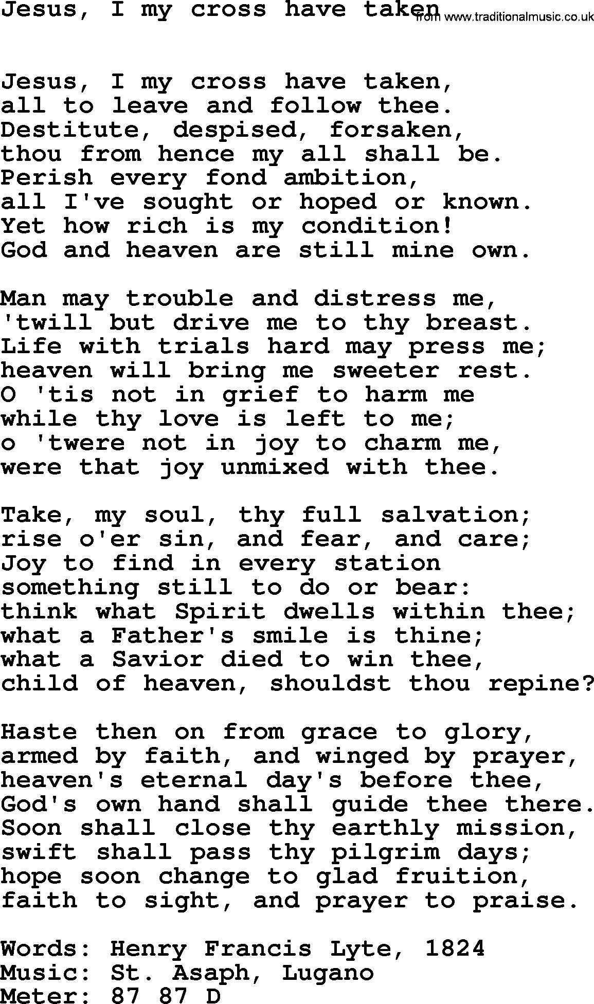Book of Common Praise Hymn: Jesus, I My Cross Have Taken.txt lyrics with midi music