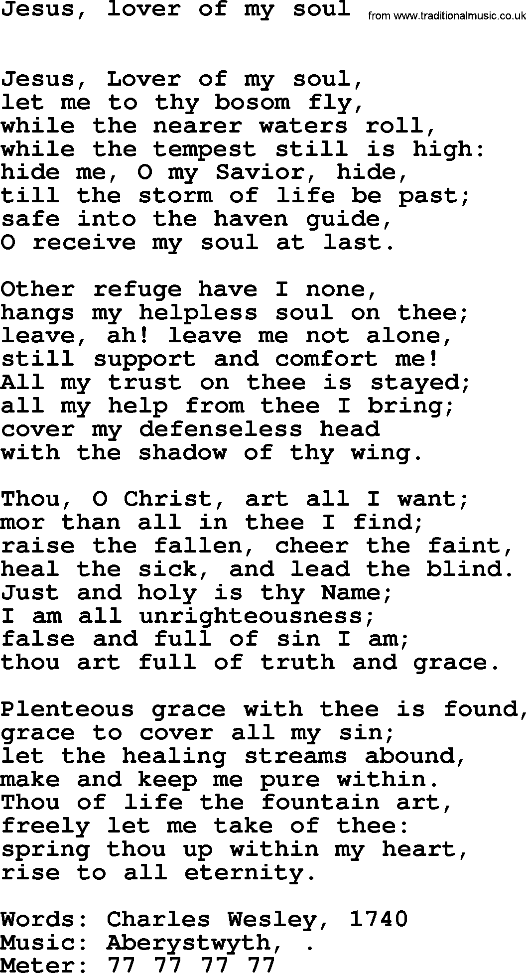 Book of Common Praise Hymn: Jesus, Lover Of My Soul.txt lyrics with midi music