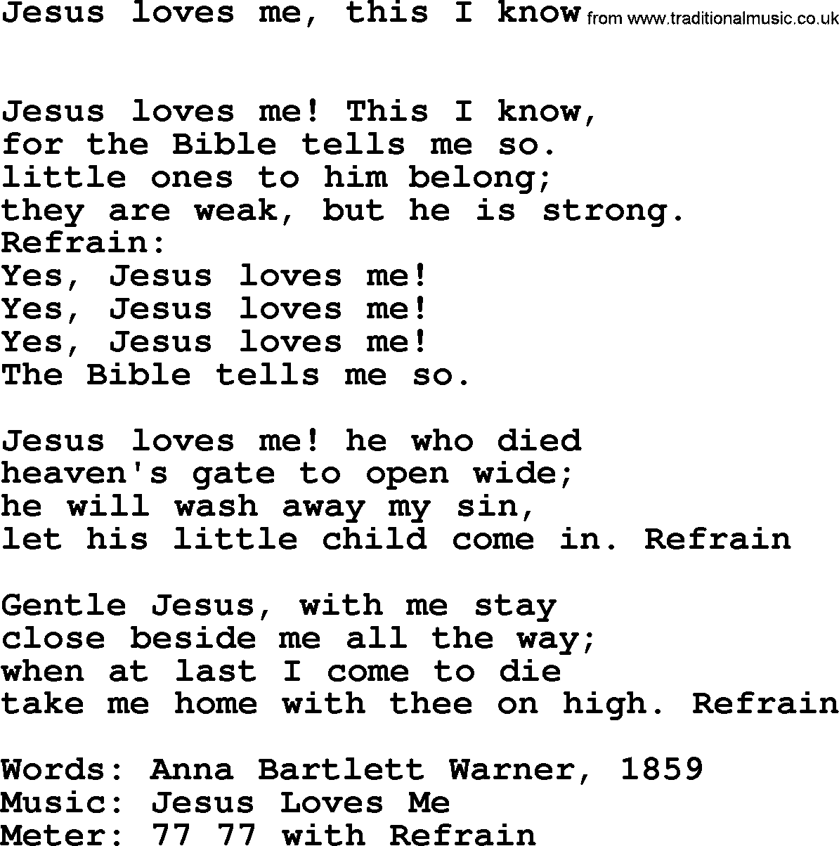 Book of Common Praise Hymn: Jesus Loves Me, This I Know.txt lyrics with midi music