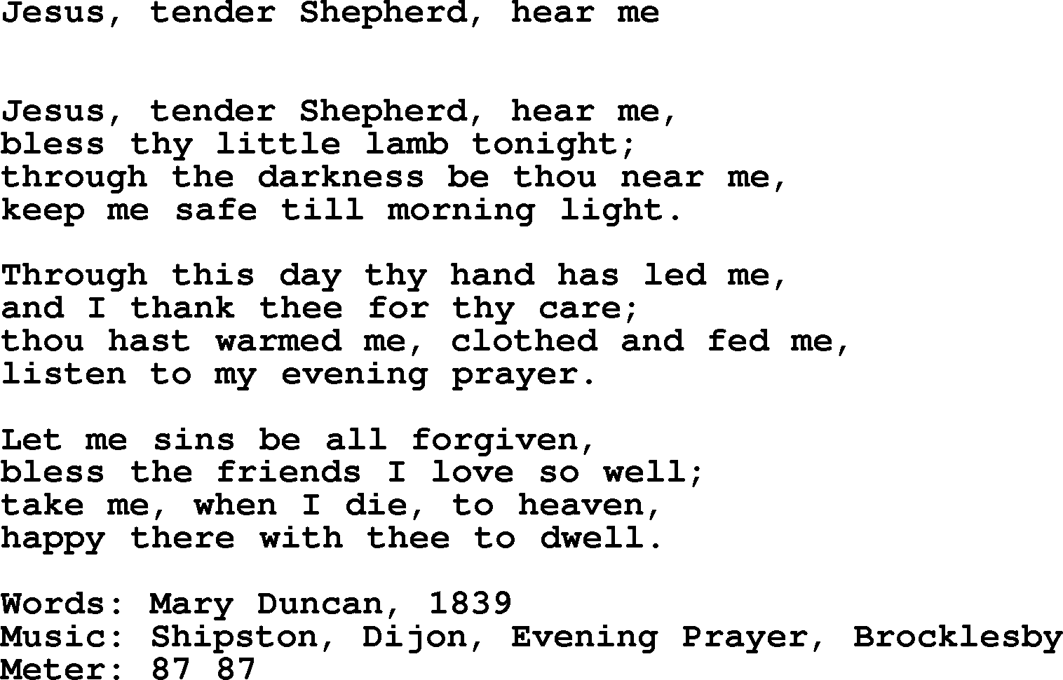 Book of Common Praise Hymn: Jesus, Tender Shepherd, Hear Me.txt lyrics with midi music