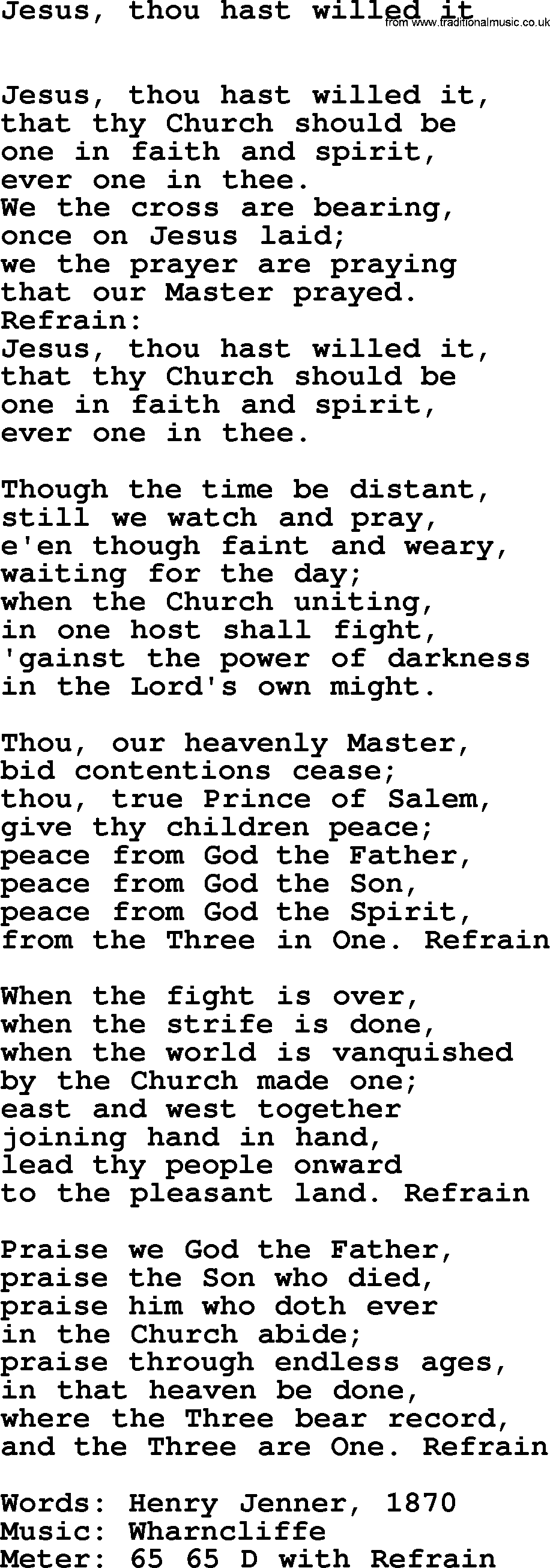 Book of Common Praise Hymn: Jesus, Thou Hast Willed It.txt lyrics with midi music