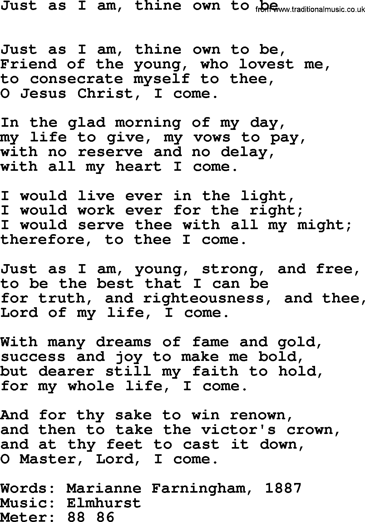 Book of Common Praise Hymn: Just As I Am, Thine Own To Be.txt lyrics with midi music