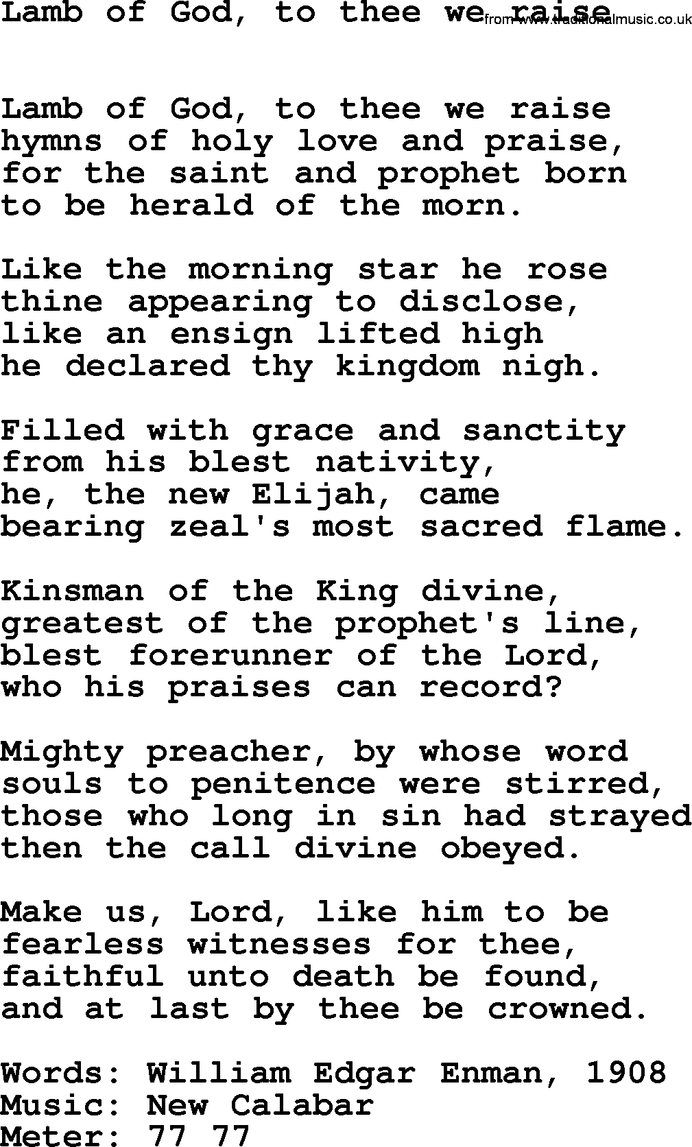 Book of Common Praise Hymn: Lamb Of God, To Thee We Raise.txt lyrics with midi music
