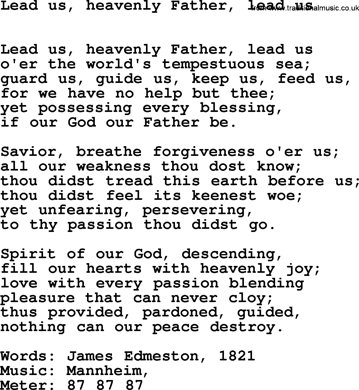 Book of Common Praise Hymn: Lead Us, Heavenly Father, Lead Us.txt lyrics with midi music